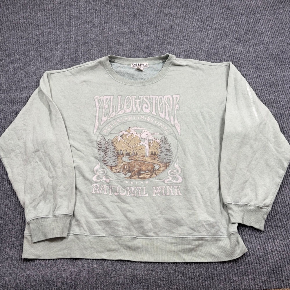 Cut & Paste Sweatshirt Womens XXL Yellowstone National Park Sage Green Graphic